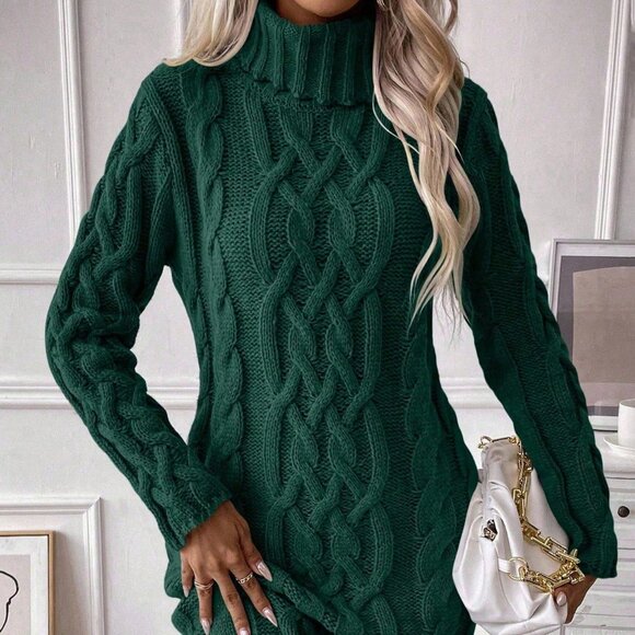 Dark Green Casual Women's Christmas Turtleneck Knit Dress - Picture 6 of 7